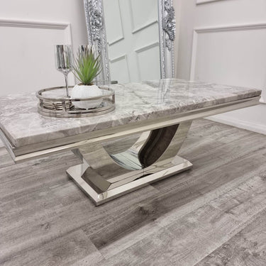 Arial Luxury Coffee Table - 130cm Sintered Stone, Marble or Glass Top with Polished Stainless Steel Base - UK Luxury Furniture
